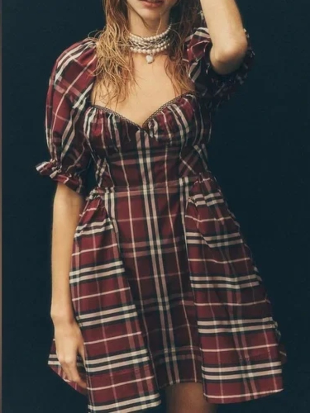Anthropologie Maeve Red Tartan Plaid Puff Sleeve Mini Dress Size M (Q5-11E)